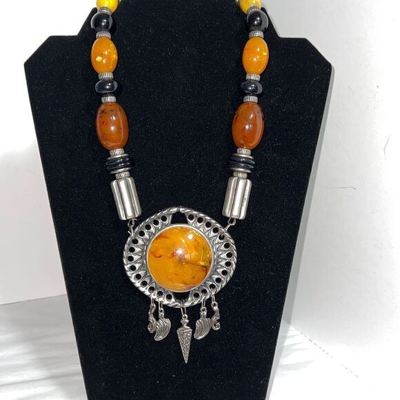 Vintage Antique Tibetan Carnelian Synthetic Amber Necklace Set In Silver Tone - Picture 1 of 6